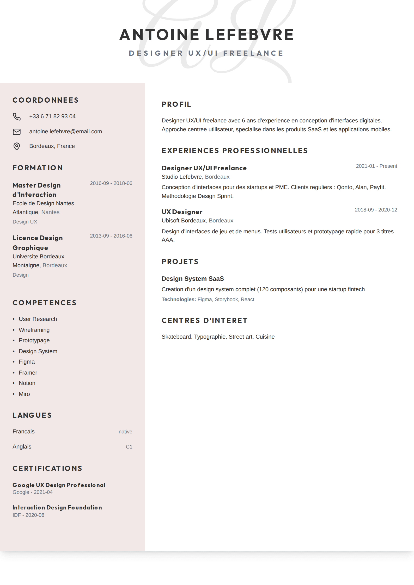 Template CV Simple Pink